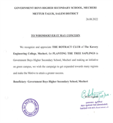 Recognition and appreciation Letter from Government Boys Higher Secondary School, Mecheri for planting the Tree and Saplings on 26th August 2022.